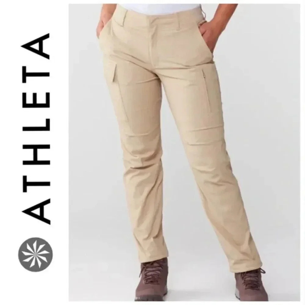 Athleta Trekkie Utility Cargo Pant Pants Elastic Waist Ecru Beige Tan Size 14